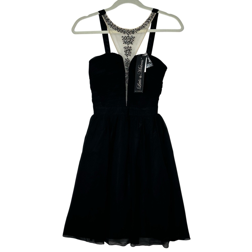 NWT Black Cocktail Dress Beaded Mesh Neckline Fit and Flare Party Prom Mini Sz 4